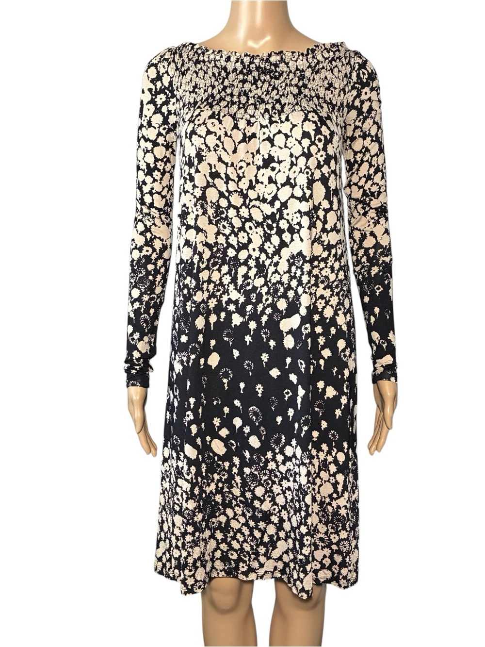 Max&Co Women's Dress Size S Taupe Black Midi Shirred Long Sleeve Viscose Blend